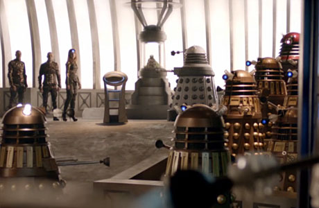 Dalek Prime Minister surrounded by Daleks